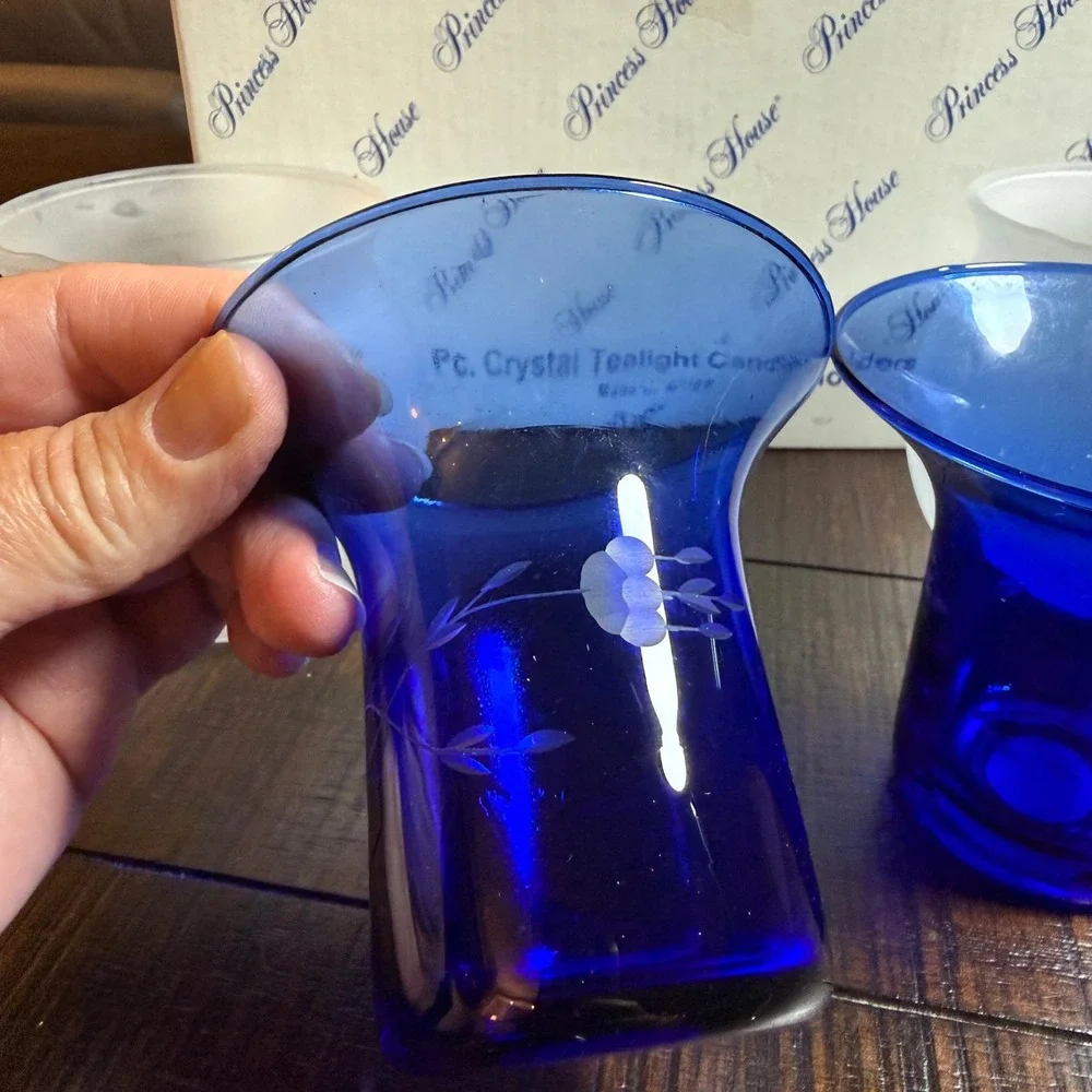 Princess House Tealight Candle Fairy Lamp Set Cobalt Blue Frosted Crystal 6161